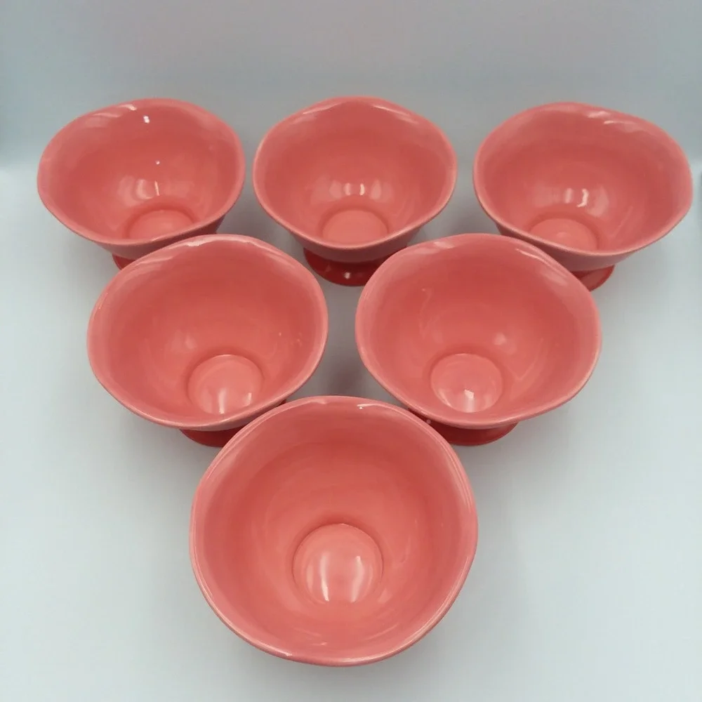 6 Crate & Barrel‎ Ice Cream Dessert Bowls Coral Pedestal Ribbed Sundae Summer